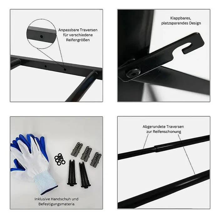 Proregal Reifenregal CARRERO klappbar - Schrauben, Schwarz - Details des Reifenregals: Anpassbare Traversen, klappbares Design, abgerundete Traversen und inklusive Handschuh und Befestigungsmaterial.