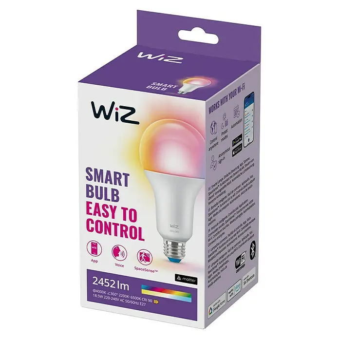 Philips Wiz Smart-LED-Lampe - E27, Dimmbar, RGBW, 18,5 W, 1 Stk. - Produktverpackung für eine smarte WiZ Glühbirne mit Farbwechsel, steuerbar per App und Sprachbefehl.