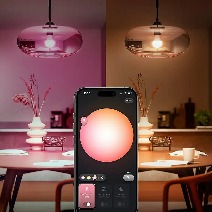 Philips Hue Smart-LED-Lampe Set Essential - E27, Dimmbar, RGBW, 806 lm, 8 W, 1 Stk. - Intelligente Philips Hue Lampe mit Farbwechseloption, die per Smartphone-App gesteuert wird, um das Ambiente im Raum anzupassen.