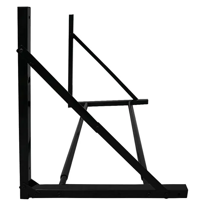 Proregal Reifenregal CARRERO klappbar - Schrauben, Schwarz - Nahaufnahme eines schwarzen, klappbaren Wandtischgestells, das robustes Design und platzsparende Funktionalität vereint.