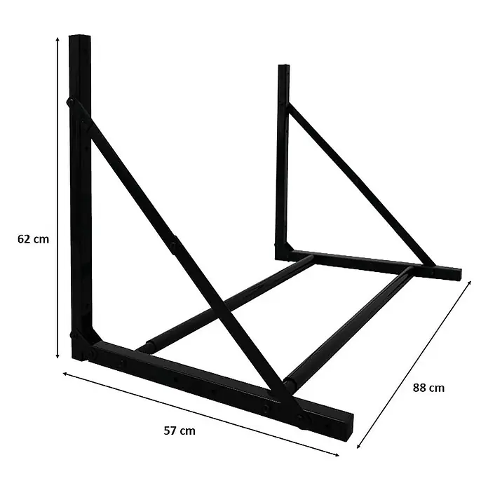 Proregal Reifenregal CARRERO klappbar - Schrauben, Schwarz - Produktabbildung eines schwarzen Metall-Hängemattengestells mit den Maßen 62 cm Höhe, 57 cm Breite und 88 cm Länge.