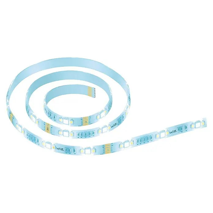 Philips Wiz Smart-LED-Band Erweiterung - Länge: 1 m, RGBW - Das Bild zeigt einen aufgerollten LED-Streifen von WiZ mit leuchtenden Dioden und klar erkennbarem WiZ-Logo, ideal für stimmungsvolle Beleuchtung.