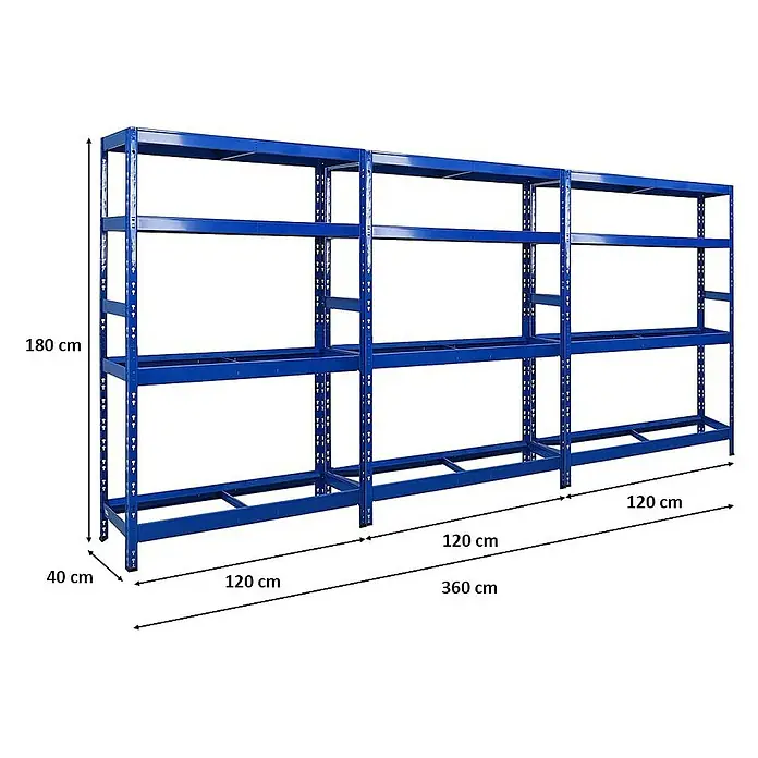Proregal Reifenregal Mega Deal Tiger mit Fachboden - H x B x T: 180 x 120 x 40 cm, Stecken, Blau - Abbildung des blauen Metallregals mit den Maßen 180 x 360 x 40 cm zur Lagerung von Gegenständen in Haus, Garage oder Büro.