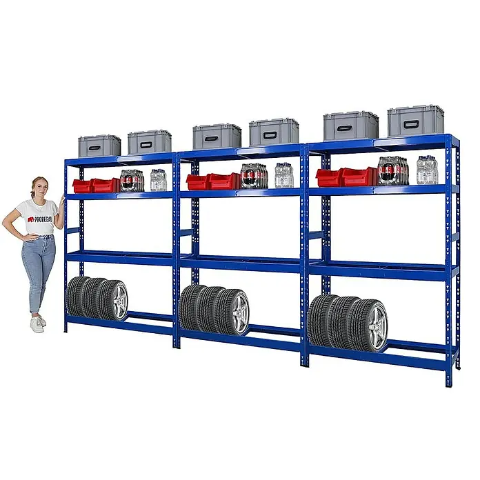 Proregal Reifenregal Mega Deal Tiger mit Fachboden - H x B x T: 180 x 120 x 40 cm, Stecken, Blau - Ein blaues Lagerregal mit Reifen, Behältern und diversen Autoteilen, perfekt für die Organisation Ihrer Garage oder Werkstatt.