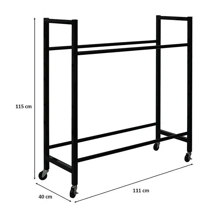 Proregal Reifenregal CARRERO - Schrauben, Schwarz - Abbildung eines schwarzen Wäscheständers mit Rollen und den Maßen 115 cm Höhe, 111 cm Länge und 40 cm Breite.