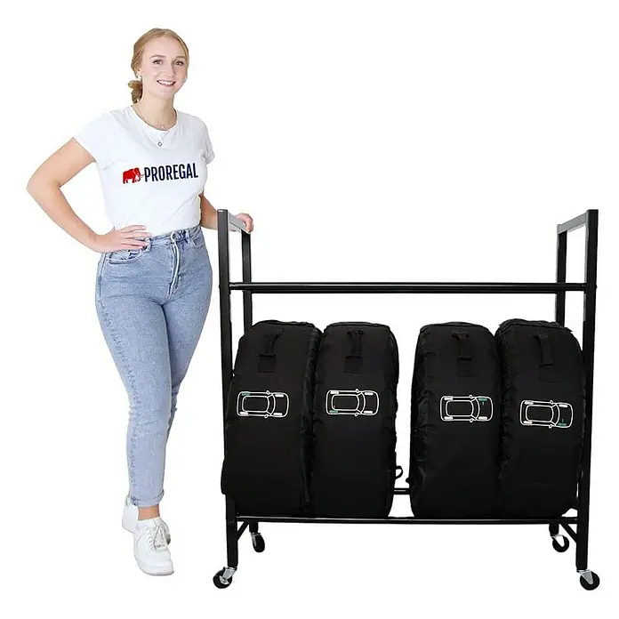 Proregal Reifenregal CARRERO - Schrauben, Schwarz - Produktbild: Ein Reifenregalwagen mit vier schwarzen Reifentaschen, ideal für die Lagerung und den Transport von Reifen.