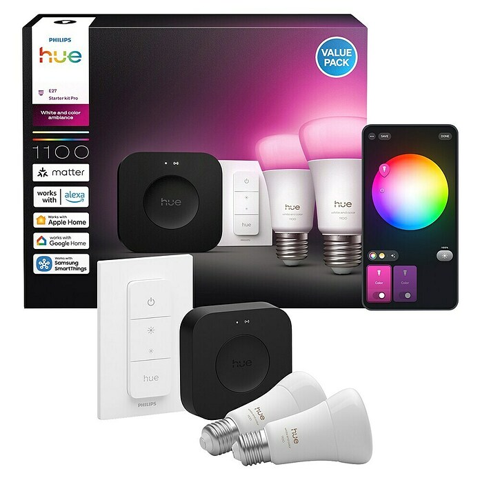 Philips Hue Smart-LED-Lampe Set mit Dimmcontroller, Steuerzentrale (E27, Dimmbar, RGBW, 2 Stk.) | BAUHAUS