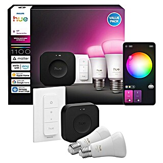 Philips Hue Smart-LED-Lampe Set mit Dimmcontroller, Steuerzentrale (E27, Dimmbar, RGBW, 2 Stk.)