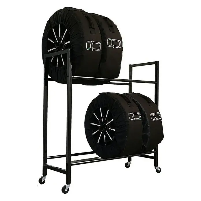 Proregal Reifenregal CARRERO - Schrauben, Schwarz - Schwarzes Reifenregal mit vier Reifen in Abdeckungen, mit Rollen für einfache Mobilität, ideal für die Lagerung von Autoreifen.