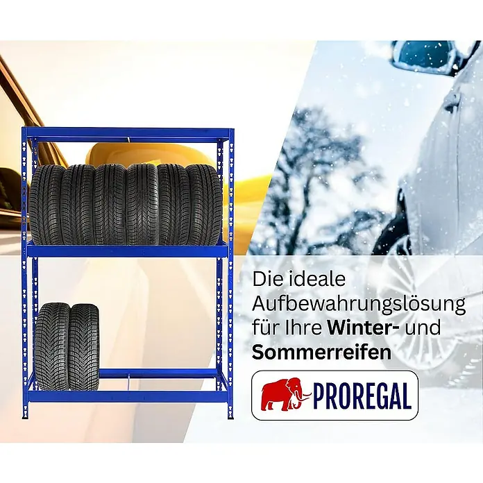 Proregal Reifenregal Tiger mit Fachboden - H x B x T: 180 x 130 x 50 cm, Stecken, Blau - Das ideale Aufbewahrungssystem für Winter- und Sommerreifen: blaues Regal mit mehreren Reifen und Proregal-Logo für optimale Lagerung.