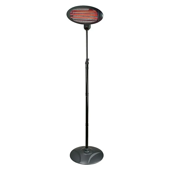 Sunred Infrarot-Heizstrahler Standing - 2.000 W, Höhe: 207 cm, Quartz - Ein freistehender Infrarot-Heizstrahler mit einem ovalen Heizkopf und einem schwarzen Ständer mit runder Basis für den Innen- und Außenbereich.