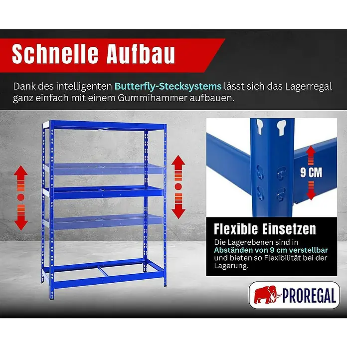 Proregal Reifenregal Tiger mit Fachboden - H x B x T: 180 x 130 x 50 cm, Stecken, Blau - Das blaue Lagerregal lässt sich dank des Butterfly-Stecksystems ganz einfach aufbauen. Die Lagerebenen sind in Abständen von 9 cm verstellbar.