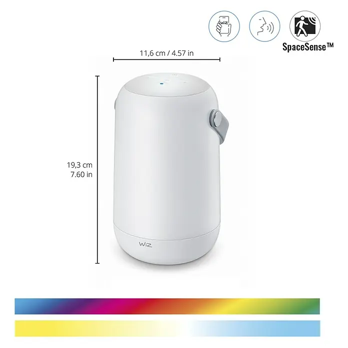 Philips Wiz LED-Tischleuchte Mobile - 14 W, L x B x H: 15 cm x 11,6 cm x 19,3 mm, Weiß, RGB - Darstellung der WiZ Mobile Perch Tischleuchte mit Höhen- und Breitenangaben.