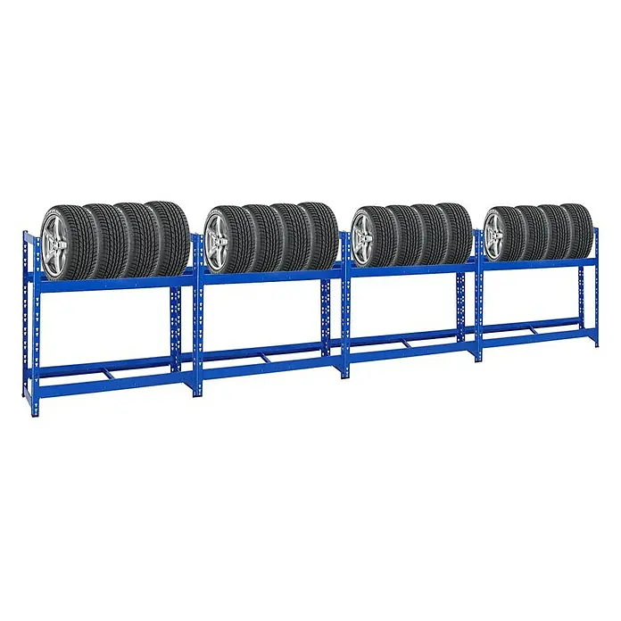 Proregal Reifenregal Mega Deal Tiger - Stecken, Blau - Ein blaues Reifenregal mit mehreren Reifen darauf. Das Regal ist robust und bietet Platz für mehrere Reifen.