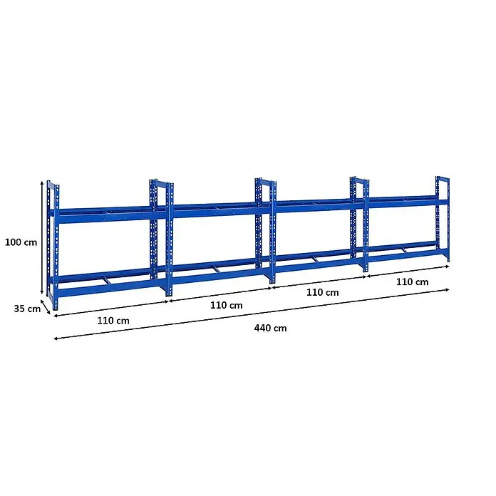 Proregal Reifenregal Mega Deal Tiger - Stecken, Blau - Abbildung eines blauen Metallregals mit den Maßen 100 cm Höhe, 35 cm Tiefe und 440 cm Länge.
