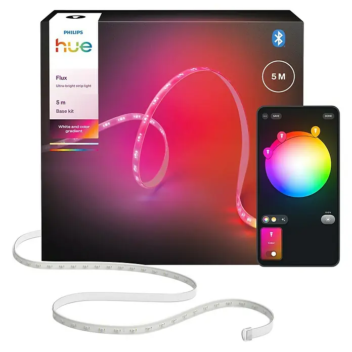 Philips Hue LED-Stripes Flux Ultrabright - Länge: 5 m, RGBW, 2.100 lm - Produktverpackung für Philips Hue Flux LED-Lichtstreifen mit App-Steuerung zur Farbauswahl und Helligkeitsanpassung.