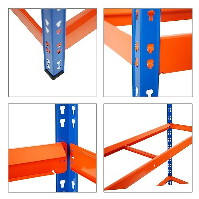 Proregal Reifenregal Mega Deal Tiger XL - Stecken, Blau-Orange - Detailansichten eines blauen Metallregals mit orangefarbenen Trägern, das die Konstruktion und die Befestigungselemente hervorhebt.