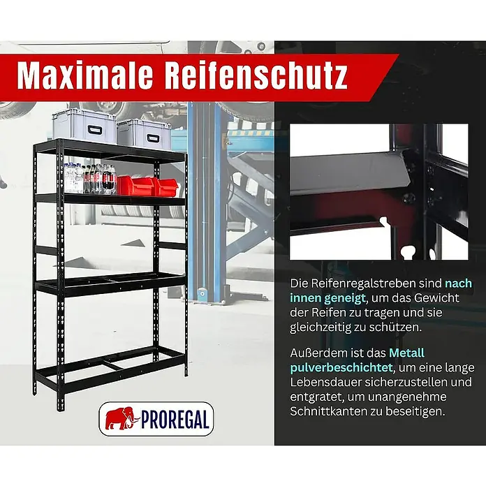 Proregal Reifenregal Tiger mit Fachboden - H x B x T: 180 x 120 x 40 cm, Stecken, Schwarz - Produktbild eines schwarzen Reifenschutzes von PROREGAL, der maximalen Schutz und eine lange Lebensdauer bietet.