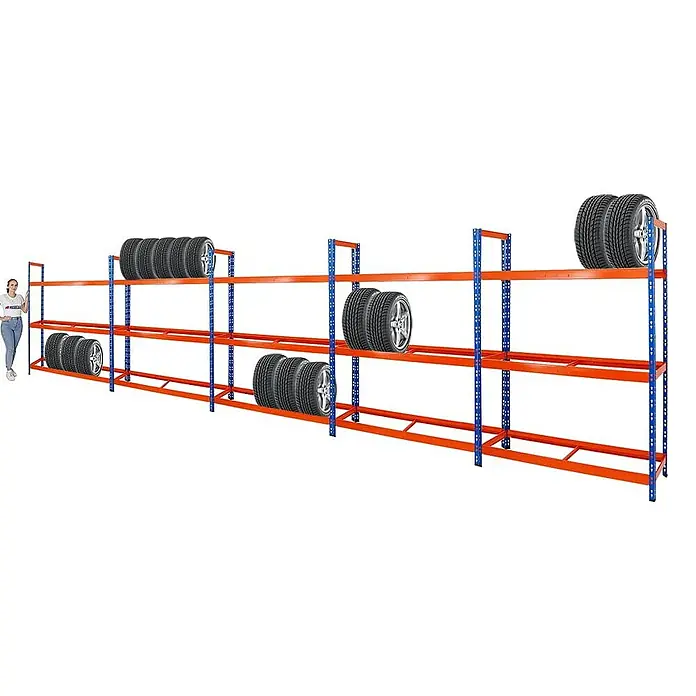 Proregal Reifenregal Mega Deal Tiger XL - Stecken, Blau-Orange - Reifenregal mit mehreren Ebenen zur Lagerung von Autoreifen, mit rotem Rahmen und blauen Stützen für eine robuste Konstruktion.