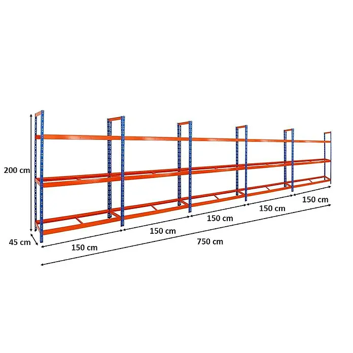 Proregal Reifenregal Mega Deal Tiger XL - Stecken, Blau-Orange - Abbildung eines blauen und orangefarbenen Lagerregals mit Maßangaben zu Höhe, Breite und Tiefe.