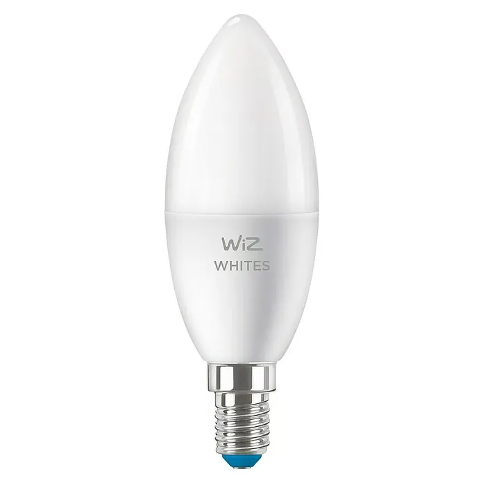 Philips Wiz Smart-LED-Lampe - E14, Dimmbar, Mehrfarbig, 470 lm, 4,6 W - Nahaufnahme einer smarten WiZ Whites Kerzenbirne, die einstellbare Weißtöne für verschiedene Stimmungen bietet. Ideal für die moderne Beleuchtung.
