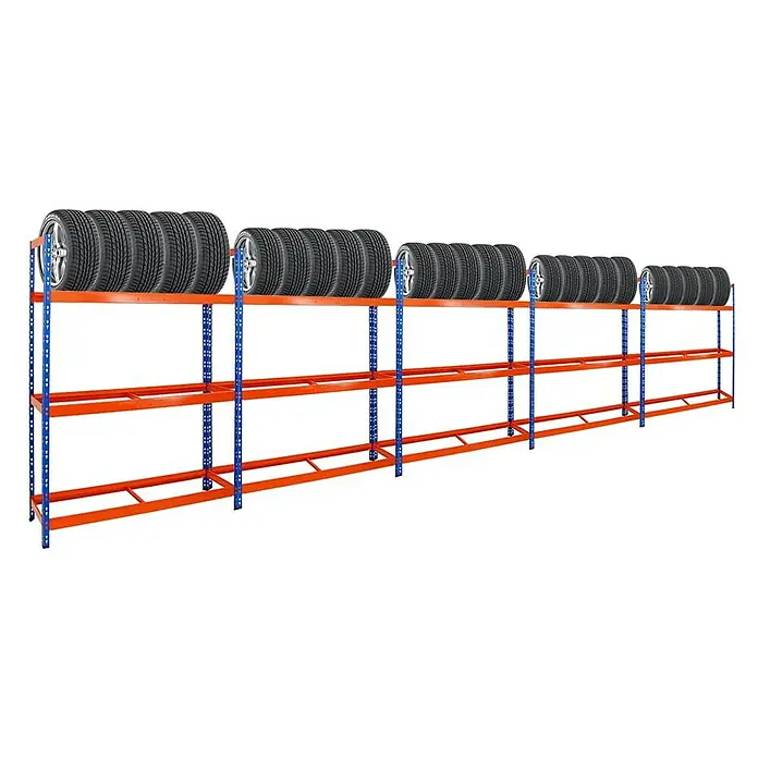 Proregal Reifenregal Mega Deal Tiger XL - Stecken, Blau-Orange - Reifenregal mit mehreren Reifen auf drei Ebenen, blaues und oranges Design.