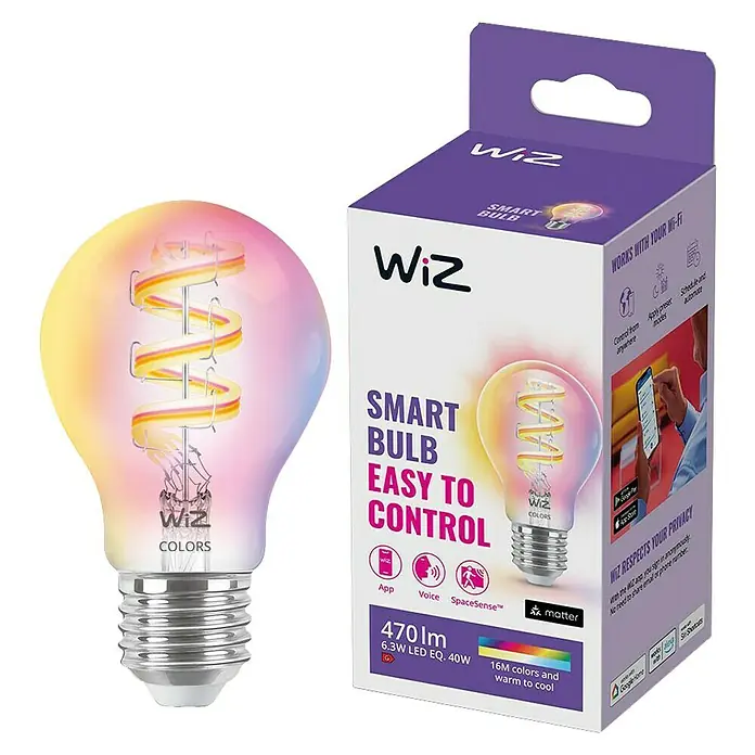 Philips Wiz Smart-LED-Lampe - E27, Dimmbar, RGBW, 470 lm, 6,3 W, 1 Stk., A60 - Produktfoto einer smarten WiZ-Glühbirne mit Farbwechsel, inklusive Verpackung, die einfache Steuerung und Konnektivität hervorhebt.