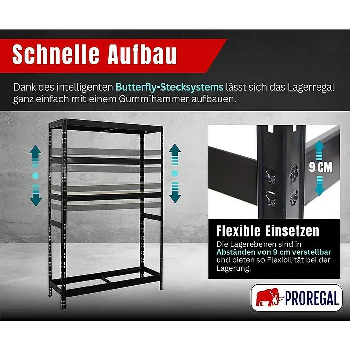 Proregal Reifenregal Tiger mit Fachboden - H x B x T: 180 x 120 x 40 cm, Stecken, Schwarz - Produktbild eines schwarzen Lagerregals mit flexiblen Regalebenen, die in Abständen von 9 cm verstellbar sind, für einfache Montage.