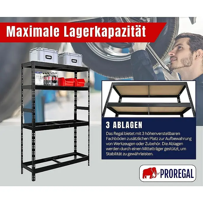 Proregal Reifenregal Tiger mit Fachboden - H x B x T: 180 x 120 x 40 cm, Stecken, Schwarz - Bild eines schwarzen Proregal Schwerlastregals mit fünf Ablagen und der Aufschrift "Maximale Lagerkapazität".
