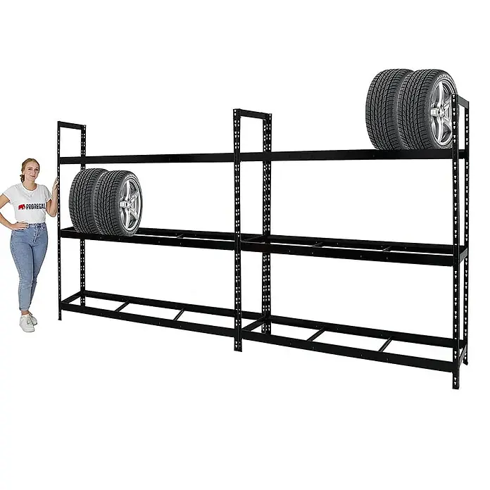 Proregal Reifenregal Mega Deal Tiger XL - Stecken, Schwarz - Produktansicht eines schwarzen Reifenregals mit zwei Ebenen, auf denen Reifen gelagert werden. Eine Frau steht daneben.