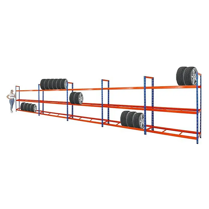 Proregal Reifenregal Mega Deal Tiger XL - Stecken, Blau-Orange - Aufnahme des Reifenregals mit blauen Metallrahmen und orangefarbenen Regalen, auf denen Autoreifen gelagert werden.