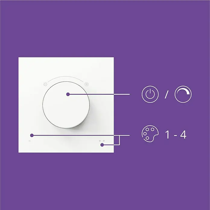 Philips Wiz Fernbedienung smarter Dial Schalter - Weiß - Schalter mit Drehknopf zur Steuerung von Licht und Farbe, inklusive Ein/Aus-Symbol und Farbauswahlanzeige von 1-4 für benutzerdefinierte Einstellungen.