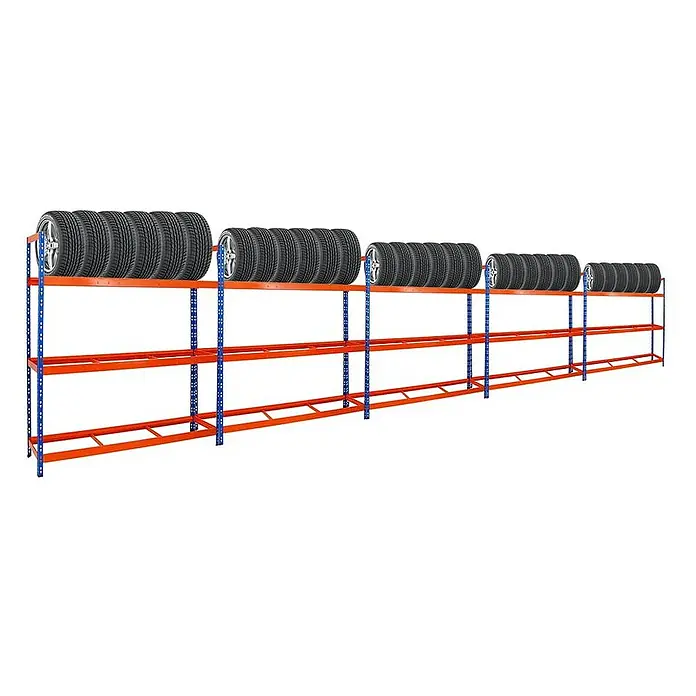 Proregal Reifenregal Mega Deal Tiger XL - Stecken, Blau-Orange - Mehrstöckiges Reifenregal mit Reifen auf den oberen Ebenen, ideal für Lagerung und Organisation.
