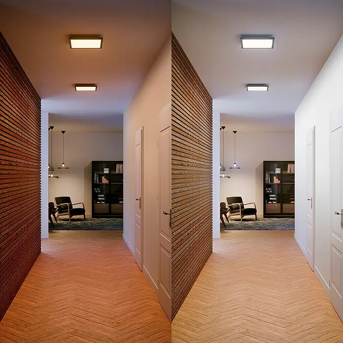 Philips Hue LED-Panel White Ambience Aurelle - 19 W, L x B x H: 30 x 30 x 4,6 cm, Schwarz, Warmweiß - Aufnahme eines Flurs mit LED-Deckenleuchten, die warmes und kaltes Licht ausstrahlen, was die Wirkung der Beleuchtung demonstriert.