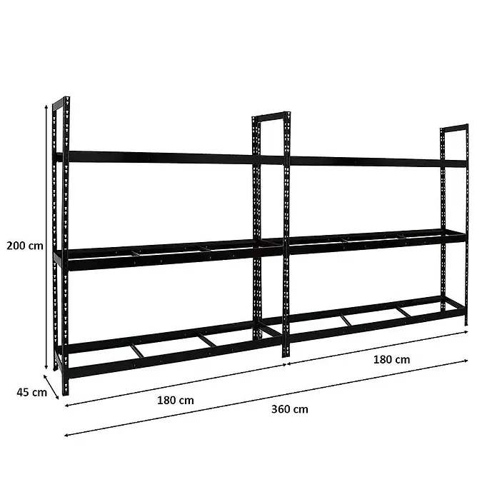 Proregal Reifenregal Mega Deal Tiger XL - Stecken, Schwarz - Schwarzes Schwerlastregal mit drei Ebenen und den Maßen 200x180x45 cm zur Lagerung schwerer Gegenstände.