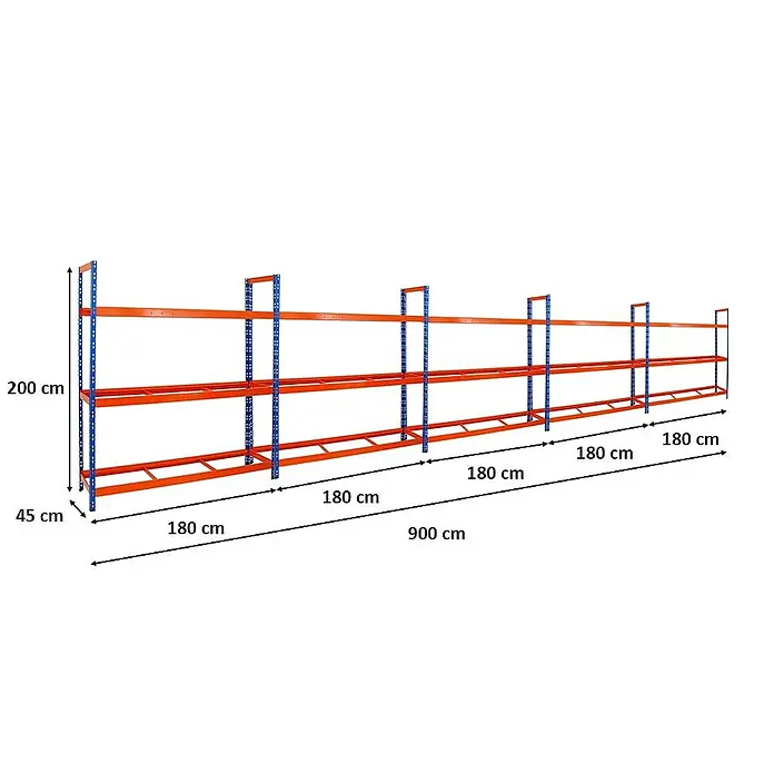 Proregal Reifenregal Mega Deal Tiger XL - Stecken, Blau-Orange - Das Bild zeigt ein blau-oranges Schwerlastregal mit den Maßen 200 cm Höhe, 45 cm Tiefe und 900 cm Länge.