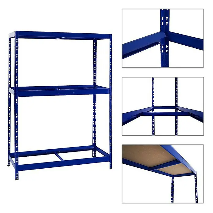 Proregal Reifenregal Mega Deal Tiger mit Fachboden - H x B x T: 180 x 130 x 50 cm, Stecken, Blau - Abbildung eines blauen Schwerlastregals mit zwei Regalböden und Detailansichten der Eckverbindungen und Regalböden.