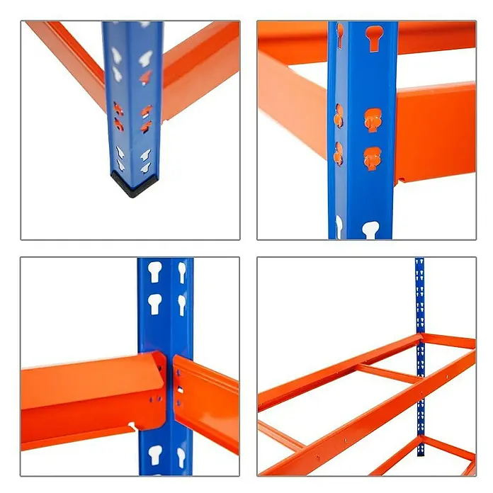 Proregal Reifenregal Mega Deal Tiger XL - Stecken, Blau-Orange - Detailansichten eines blauen Lagerregals mit orangefarbenen Traversen, das Stabilität und einfache Montage bietet.