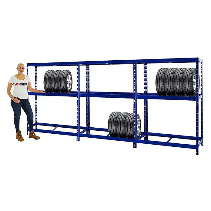 Proregal Reifenregal Mega Deal Tiger mit Fachboden - H x B x T: 180 x 130 x 50 cm, Stecken, Blau - Stabiles blaues Lagerregal mit Reifen auf zwei Ebenen. Das Regal bietet viel Stauraum und ist ideal für Werkstätten.