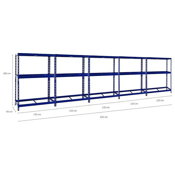 Proregal Reifenregal Mega Deal Tiger mit Fachboden - H x B x T: 180 x 130 x 50 cm, Stecken, Blau - Ansicht eines blauen, modularen Schwerlastregals mit zwei Ebenen und den Maßen 180 cm Höhe, 50 cm Tiefe und 650 cm Breite.