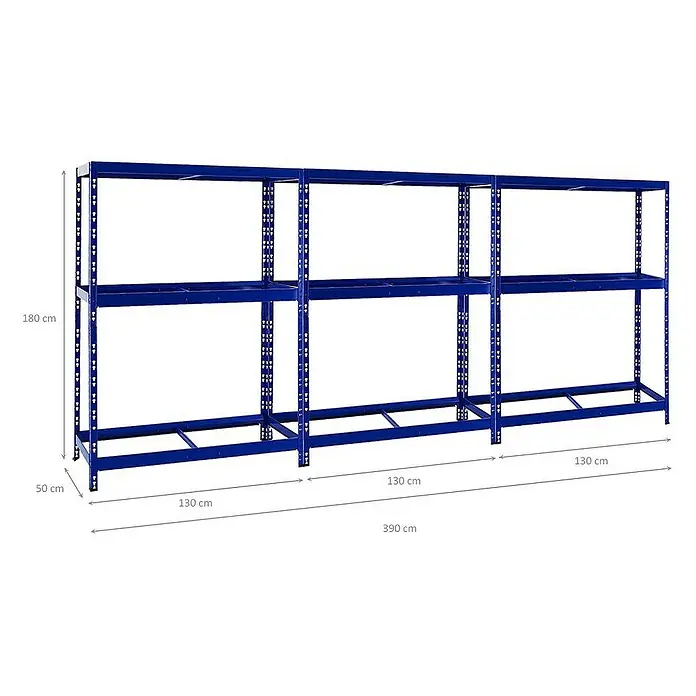 Proregal Reifenregal Mega Deal Tiger mit Fachboden - H x B x T: 180 x 130 x 50 cm, Stecken, Blau - Regal mit drei Fächern, blau und robust, ideal für Lagerung. Abmessungen: 180 cm hoch, 390 cm breit und 50 cm tief.
