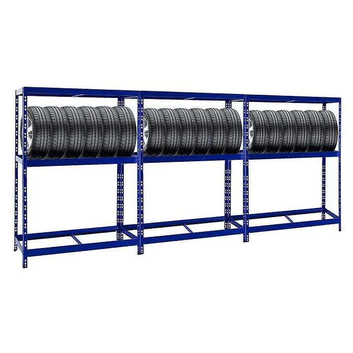 Proregal Reifenregal Mega Deal Tiger mit Fachboden - H x B x T: 180 x 130 x 50 cm, Stecken, Blau - Reifenregal mit drei Fächern, blau lackiert und mit Reifen bestückt, zur Lagerung in Werkstatt oder Garage.