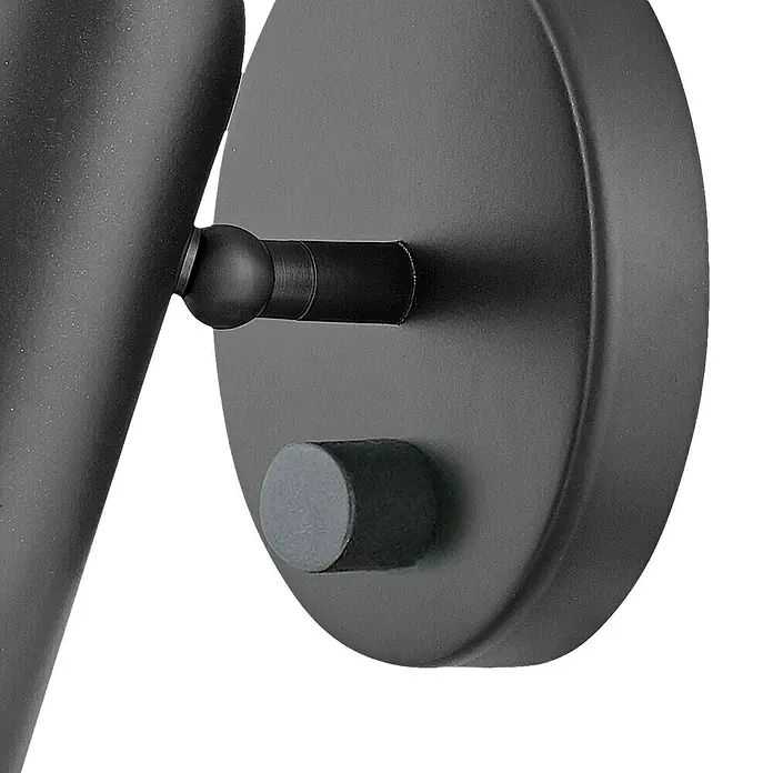 Elstead LED-Wandleuchte Dax - 8 W, L x B x H: 12,1 x 12,1 x 17,1 cm, Schwarz - Nahaufnahme einer schwarzen Wandleuchte mit Drehknopf und Befestigungselementen, ideal für stilvolle Innenräume.