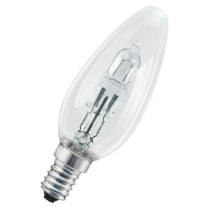 Voltolux Bombilla halógena tubular - Largo: 71 mm, E14, 20 W, 230 V, Blanco cálido - Primer plano de una bombilla halógena transparente en forma de vela con base plateada y filamento visible.