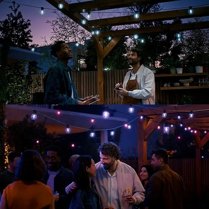Philips Hue LED-Lichterkette Festavia Globe - 14 m, Anzahl Leuchtmittel: 20 Stk. - Lichterketten erhellen eine Party im Freien und schaffen eine warme, festliche Atmosphäre für gesellige Stunden.