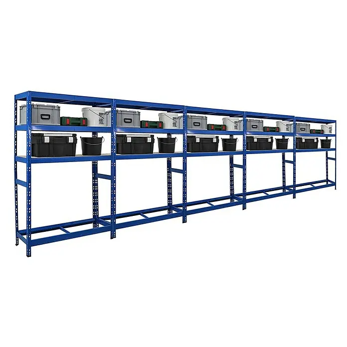 Proregal Reifenregal Mega Deal Tiger mit Fachboden - H x B x T: 180 x 120 x 40 cm, Stecken, Blau - Abbildung eines blauen Schwerlastregals, beladen mit Boxen und Eimern, ideal für Lagerung und Ordnung in Werkstatt oder Garage.