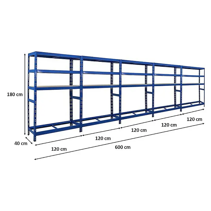 Proregal Reifenregal Mega Deal Tiger mit Fachboden - H x B x T: 180 x 120 x 40 cm, Stecken, Blau - Abbildung eines blauen Schwerlastregals mit den Maßen 180 cm Höhe, 40 cm Tiefe und 600 cm Länge. Die Regale sind für schwere Lasten konzipiert.