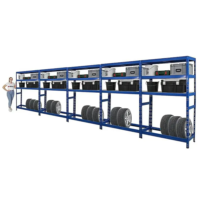 Proregal Reifenregal Mega Deal Tiger mit Fachboden - H x B x T: 180 x 120 x 40 cm, Stecken, Blau - Regal mit Reifen und Aufbewahrungsbehältern.