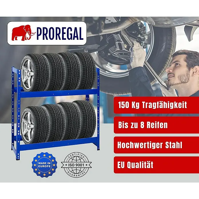 Proregal Reifenregal Tiger - H x B x T: 100 x 110 x 35 cm, Stecken, Blau - Abbildung eines blauen Reifenregals von Proregal mit Reifen, Qualitätszeichen und ein Mechaniker bei der Arbeit.