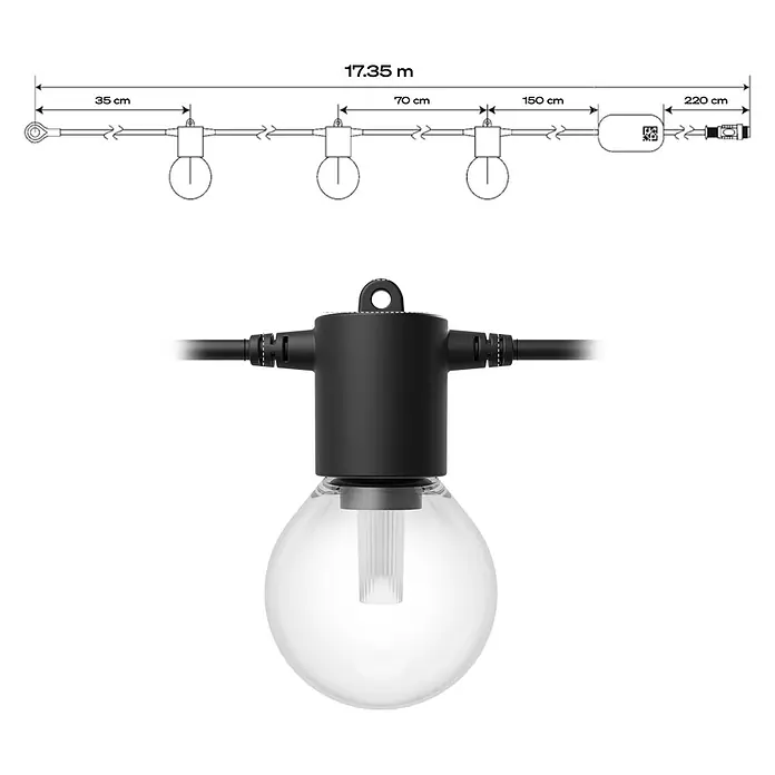 Philips Hue LED-Lichterkette Festavia Globe - 14 m, Anzahl Leuchtmittel: 20 Stk. - Abbildung einer Lichterkette mit Glühbirnen und Maßangaben, die das Produkt und seine Dimensionen veranschaulichen.